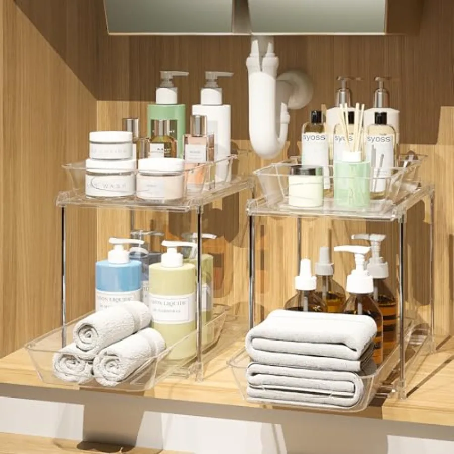 

2 Pack Bathroom Cabinet Organizer 2 Tier Clear Under Sink Organizers and Storage Medicine Cabinet Organizer with Dividers Pull