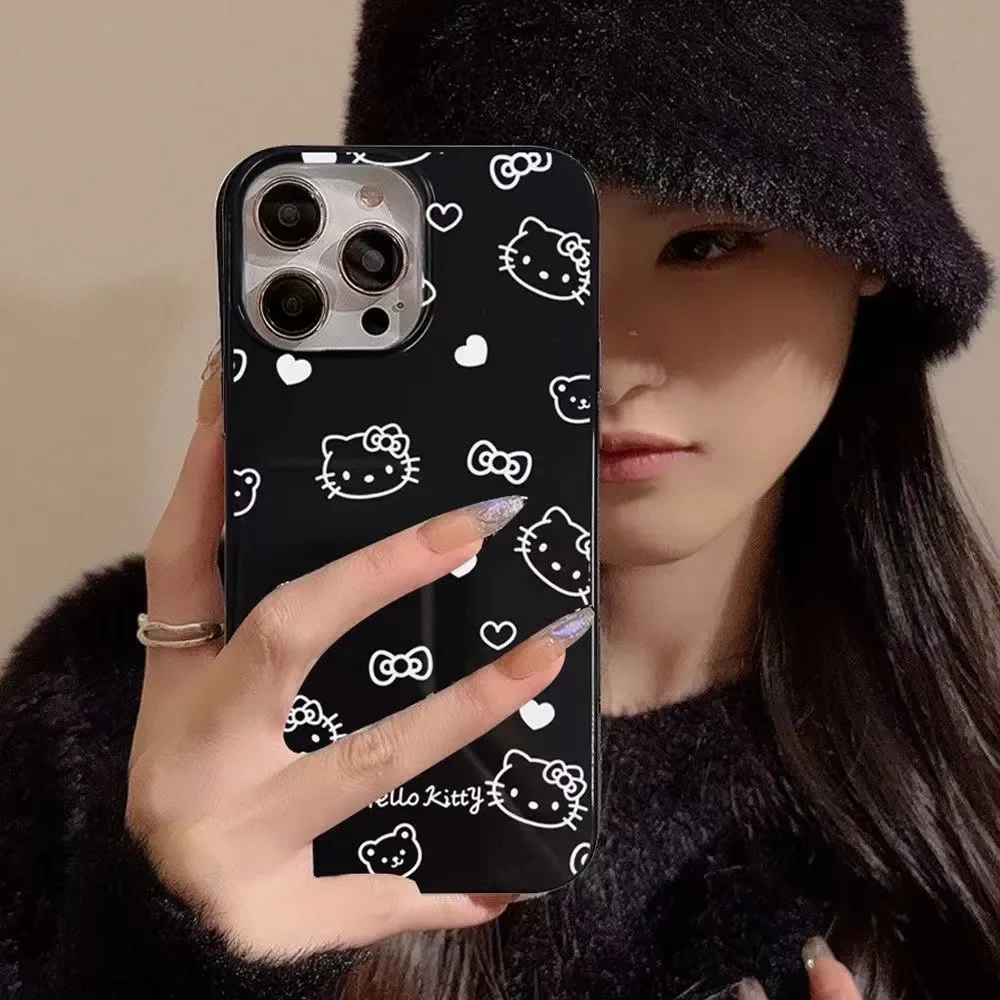 Ins Sanrio Hello Kitty For iphone 16 Pro Max 15 14 13 12 11 Xr Xs Max 7 8 PLUS Y2K Black And White Cartoon Anti Drop Phone Case