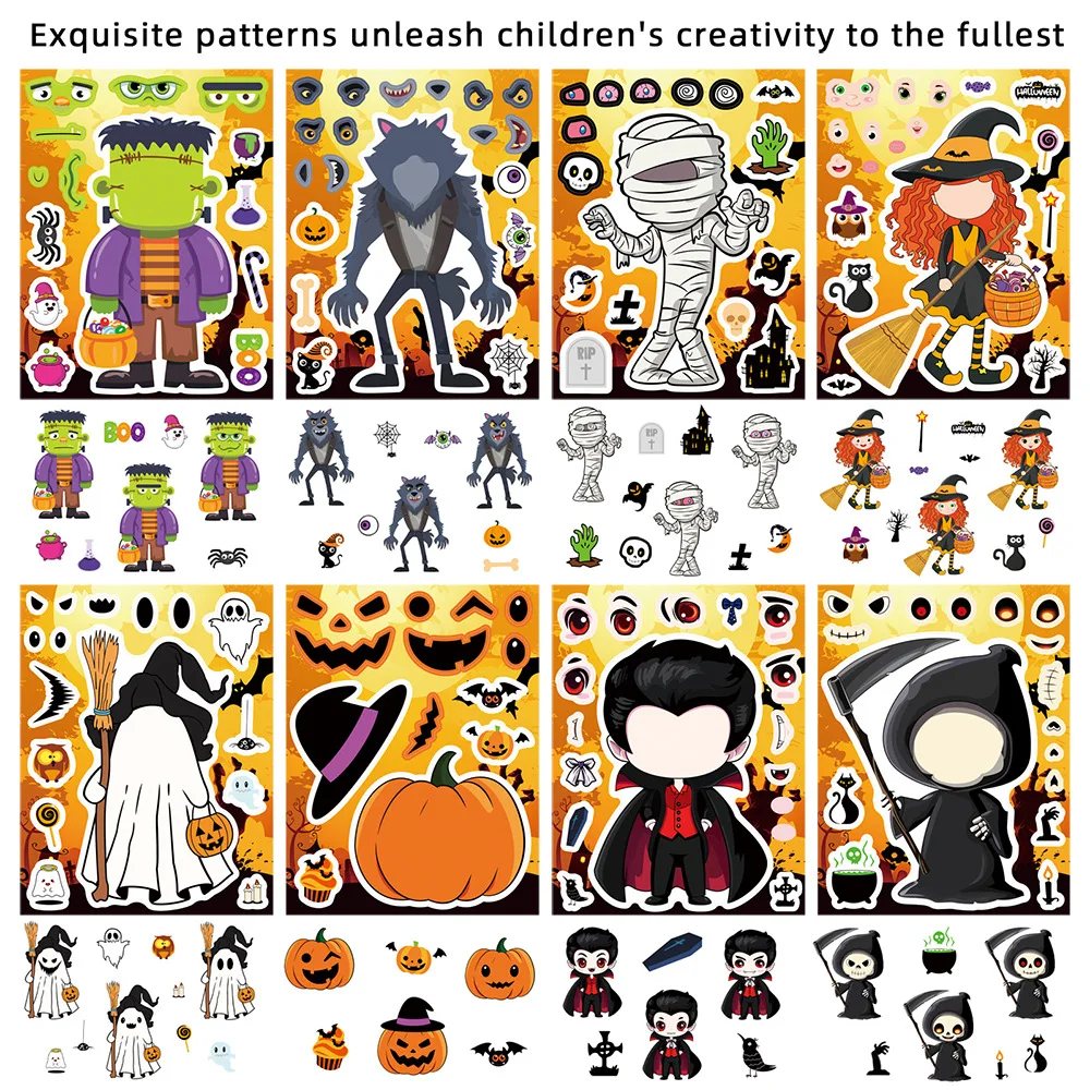 16PCS Halloween Make a Face Stickers Halloween Party Gift Boxes Gift Stationary Stickers