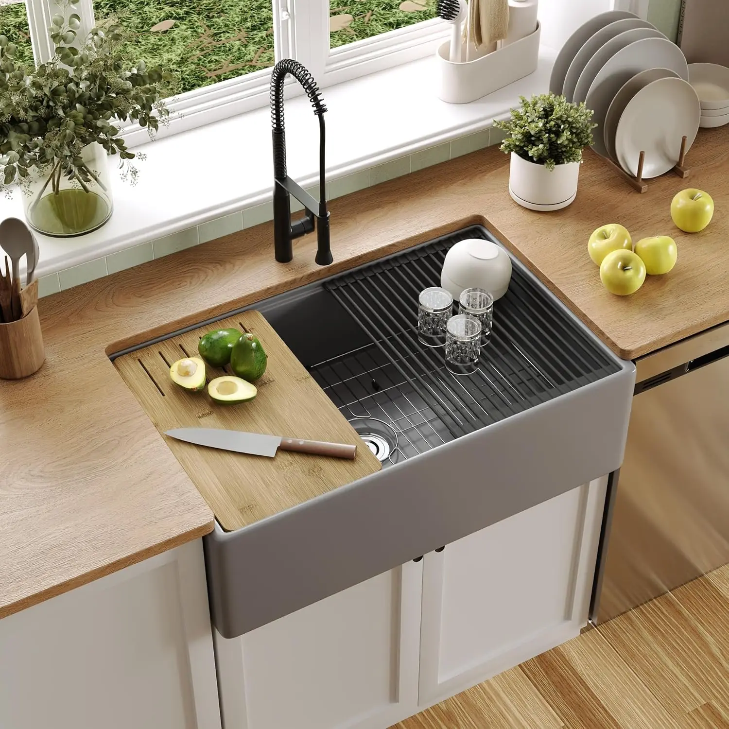 33-inch Fireclay kitchen sink base with Ledge workstation and single bowl apron in front of sink basin