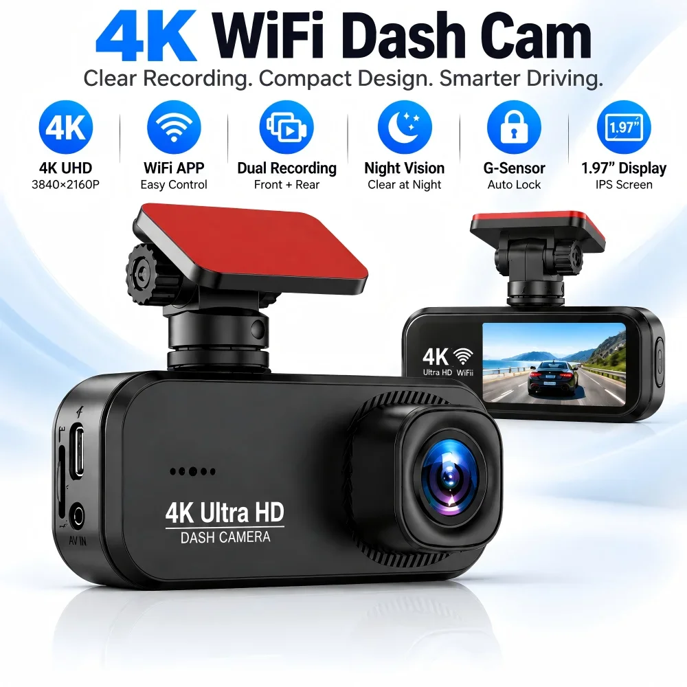 4K Dash Cam Front 1080P Rear Camera WIFI APP Control Car DVR Loop Recording 24-Hour Parking Monitor Auto Driving Recorder
