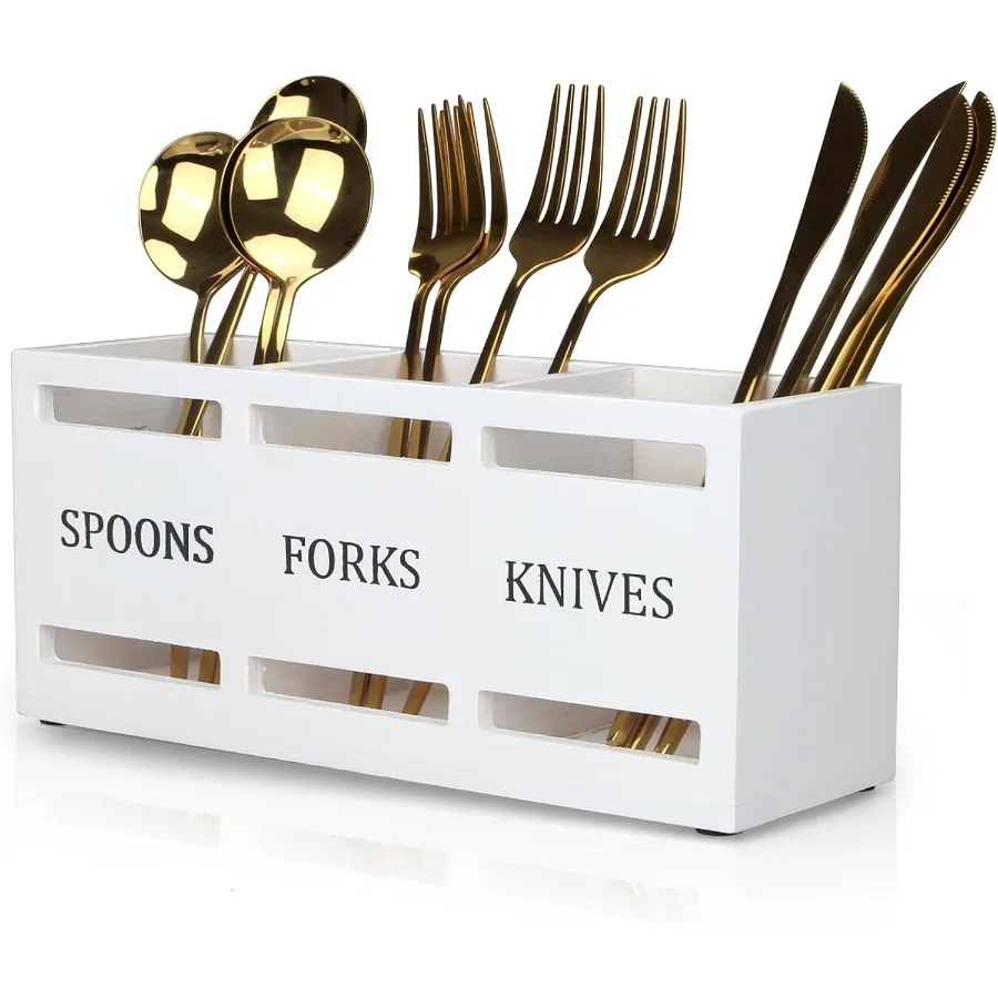 

Белый деревянный держатель для столовых приборов со столовым прибором для небольшого хранения на кухне: идеальный органайзер для столовых приборов для стола и ку...