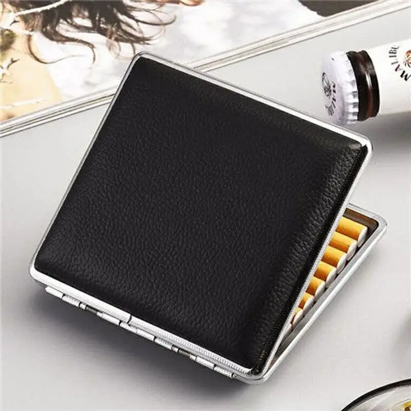 Hand-rolled Leather Cigarette Case 20 Packs Ultra-thin Metal Simple Cigarette Portable Cigarette Case Cigarette Clip Men\'s Gift