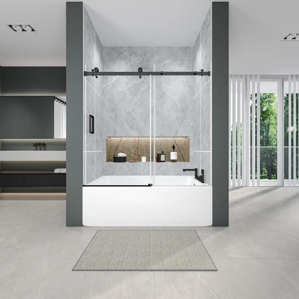 

56-60" W x 60" H Frameless Sliding Shower Door with 1/4" SGCC Tempered Glass Matte Black for Bathroom Hotel Apartment