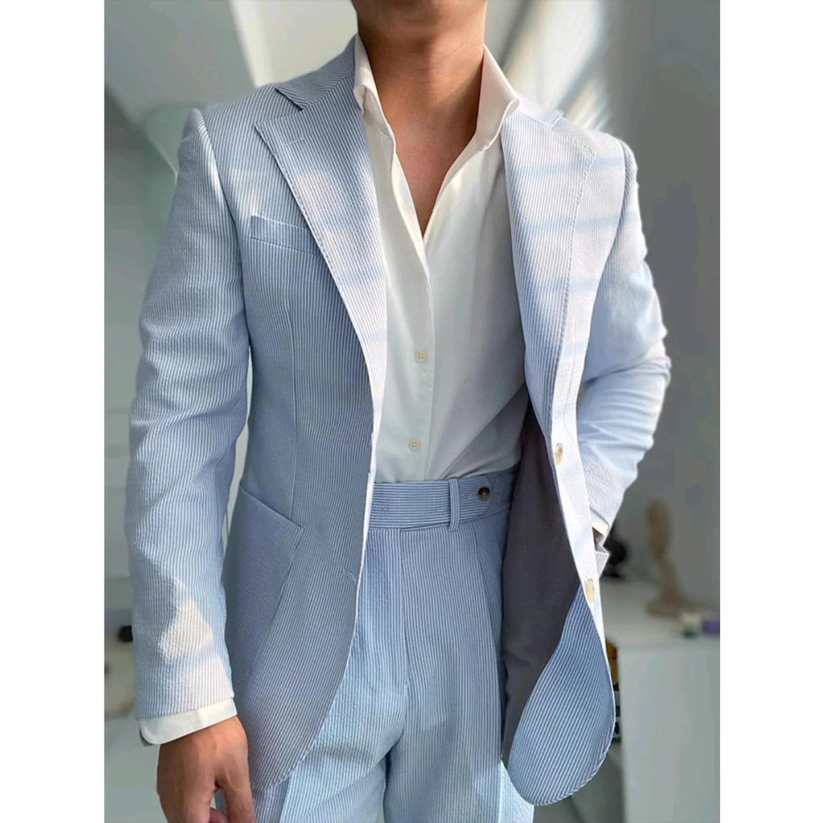 Spring Summer Blue Seersucker Single-breasted Flat Barrel Collar Casual Suit Men