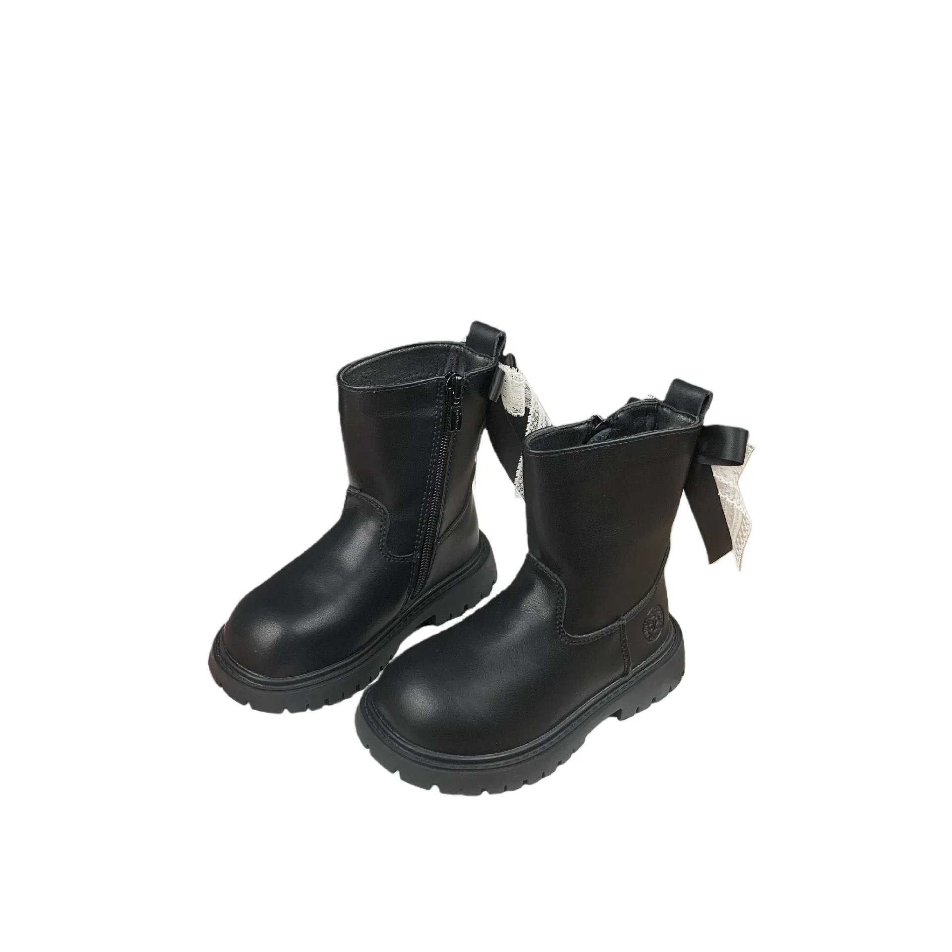 

Зимние детские кожаные ботинки до середины икры с флисовой подкладкой и бантом для девочек, модные универсальные повседневные нескользящие высокие сапоги в стиле принцессы