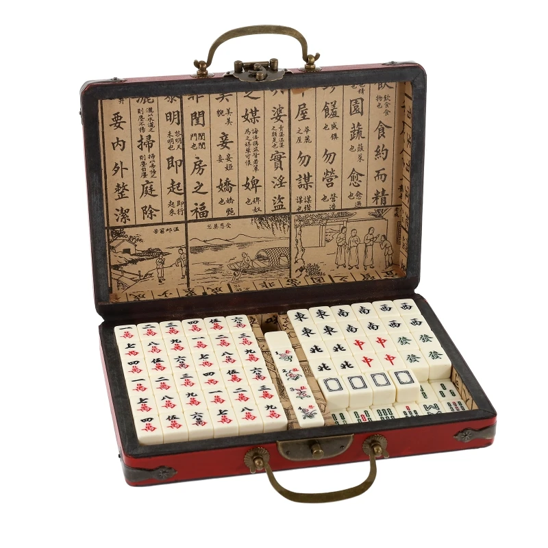 Mah-Jong 144 Tiles Chinese Numbered Mahjong Set With Vintage Storage Box Portable Traditional Mahjong Family Party Table Game