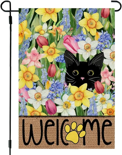 Spring Summer House Flag Black Cat Double Sided 12X18 Inches Large Burlap Welcom 313037240227 ZZY