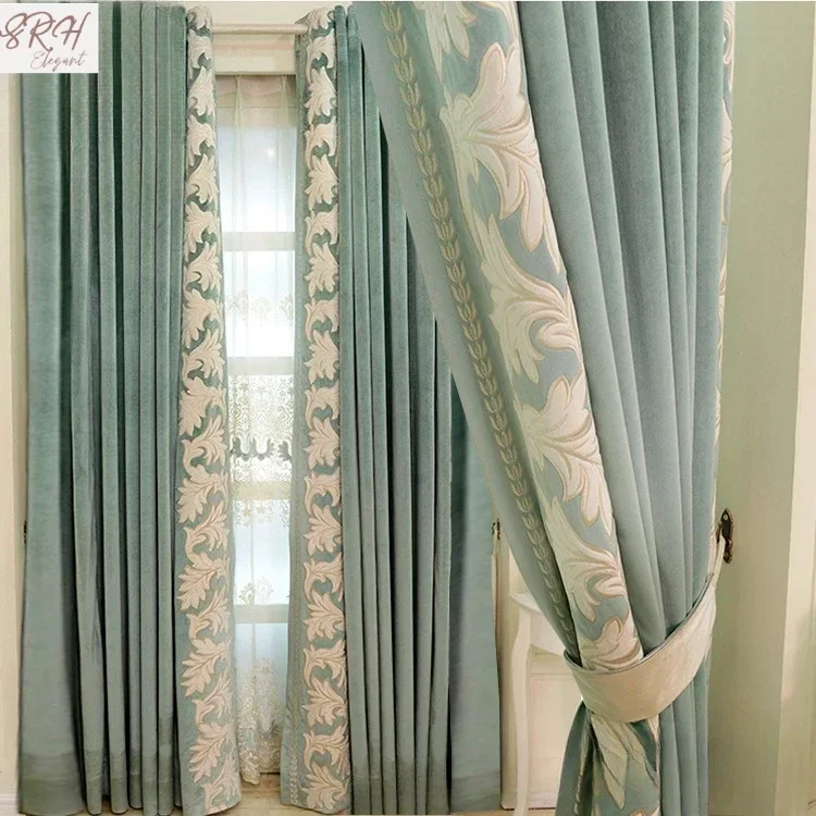 Italian Flannel European Embroidered Green Bedroom Curtain Dining Room Blackout Luxury Tulle
