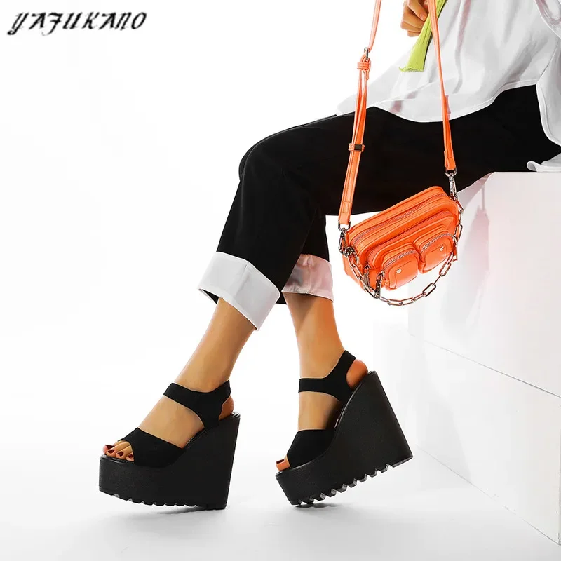 15 Cm Super High Heels Platform Women Sandals Fashion Black White Thick Bottom Wedges Female Sandals Sexy Peep Toe Rome Shoes