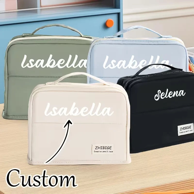1 Piece Personalized Custom Logo Text Solid Color Large Capacity Storage Bag, Simple Multi-Functional Multi-Layer Stationery Bag for Middle School Students, Large High-Value Stationery Storage Bag, Portable Makeup Bag, Large Capacity Pencil Case for Students, Suitable as a Gift for Students