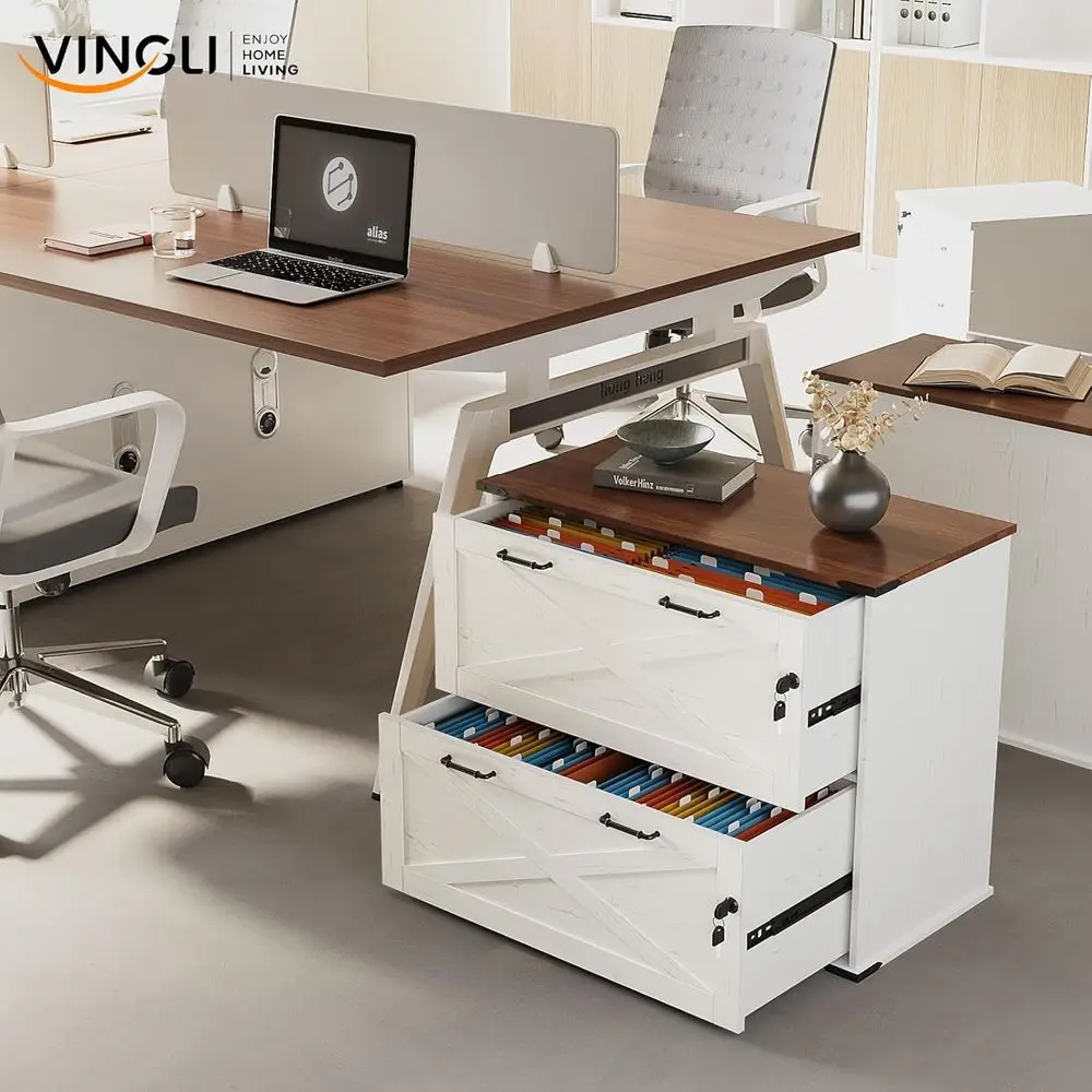 خزانة ملفات جانبية خشبية مع قفل، منظم مكتب منزلي للرسائل، قانوني، وملفات بحجم A4 - أبيض وبني ريفي #2