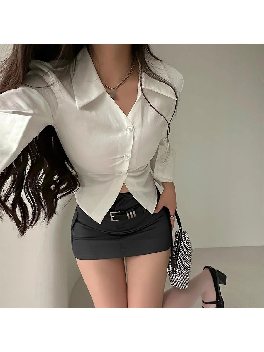 WOMENGAGA Spicy Girl Sexy Single Breasted Slim Polo Neck Long Sleeve Shirt Top Female Fashion Blouse Sweet Korean Women TCD0