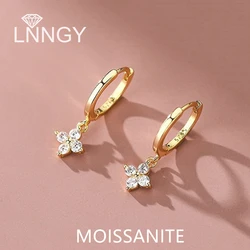 Lnngy-Original Certified Moissanite Brincos Trevo de Quatro Folhas para Mulheres e Meninas, 925 Brincos de Prata, Presente Da Jóia Do Casamento, 3mm