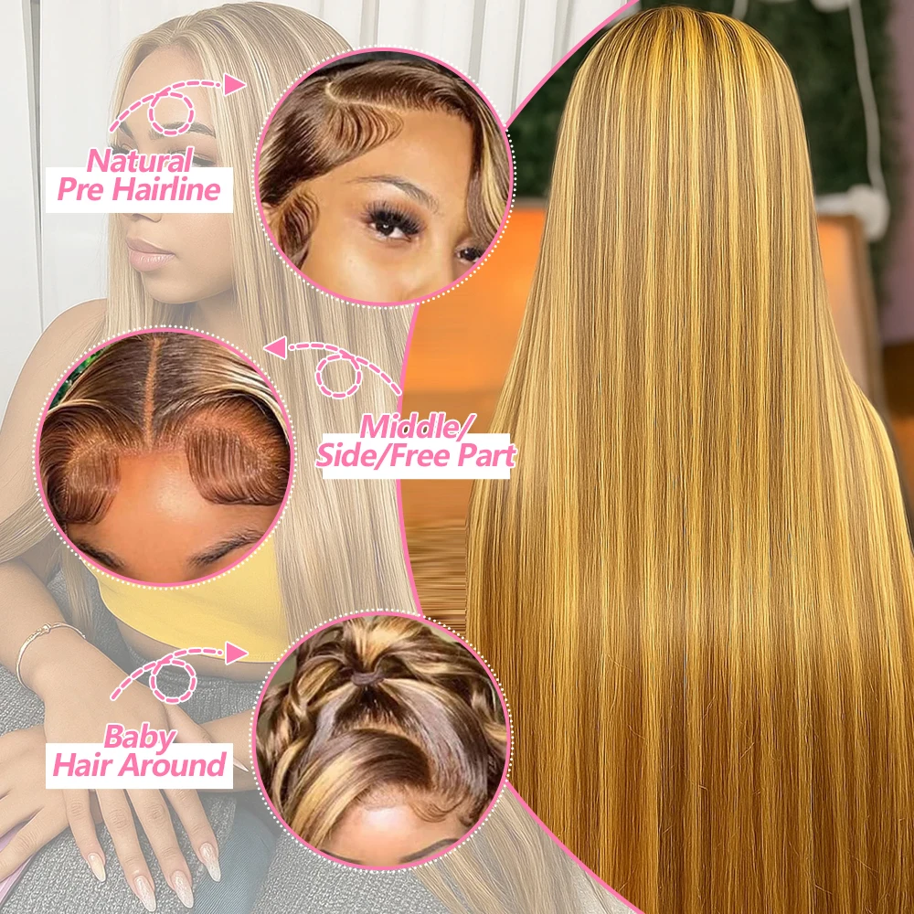 38 Inch Bone Straight Highlight Human Hair Wigs 250 Density Hd Transparent Lace Frontal Wig 4/27 Honey Blond Ombre Wig For Women