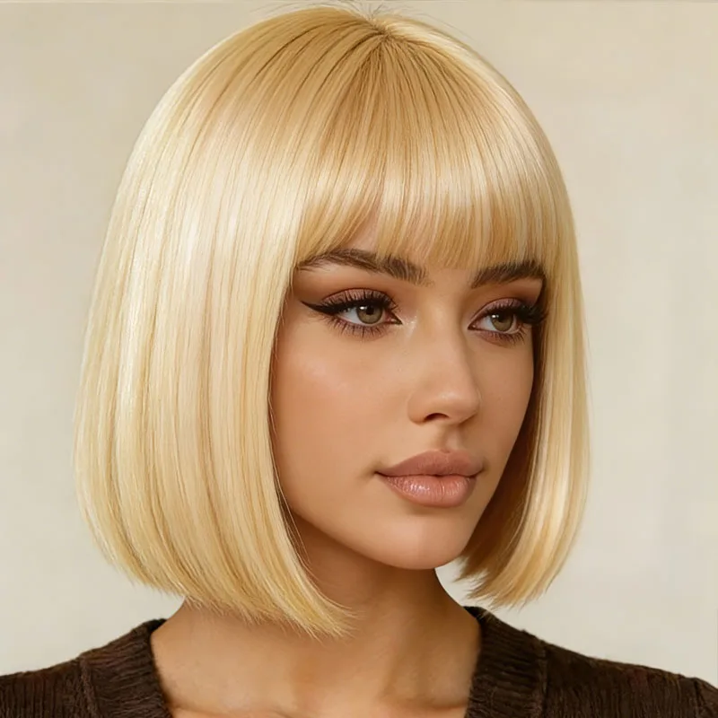 باروكة صناعية مستقيمة بنمط ذهبي أنيق مقاس 12 بوصة، مناسبة للعب الأدوار في الحفلات اليومية #5