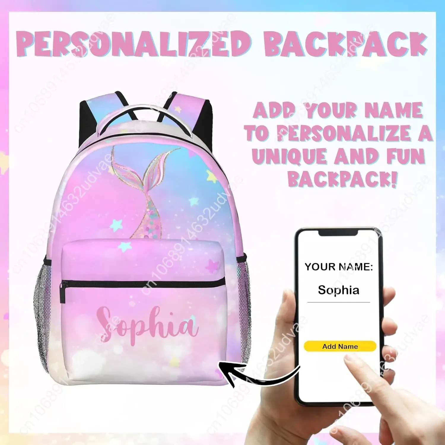 Personalized Backpack for Girls Boys, Custom Backpacks with Name for Kids, Customized Mermaid School Bookbag for Back to School