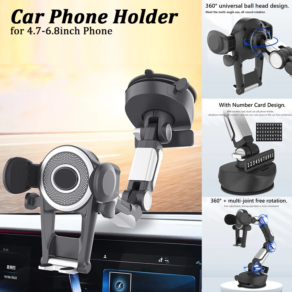 Universal Car Phone Holder 360° Rotatable Dashboard Mobile Cell Support Bracket with Phone Number Plate for iPhone Rack Hanger