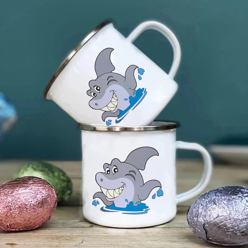 Cartoon Happy Shark Print smalto tazza regalo per bambini tazza di metallo divertenti tazze da caffè per sublimare tazza personalizzata Kawaii