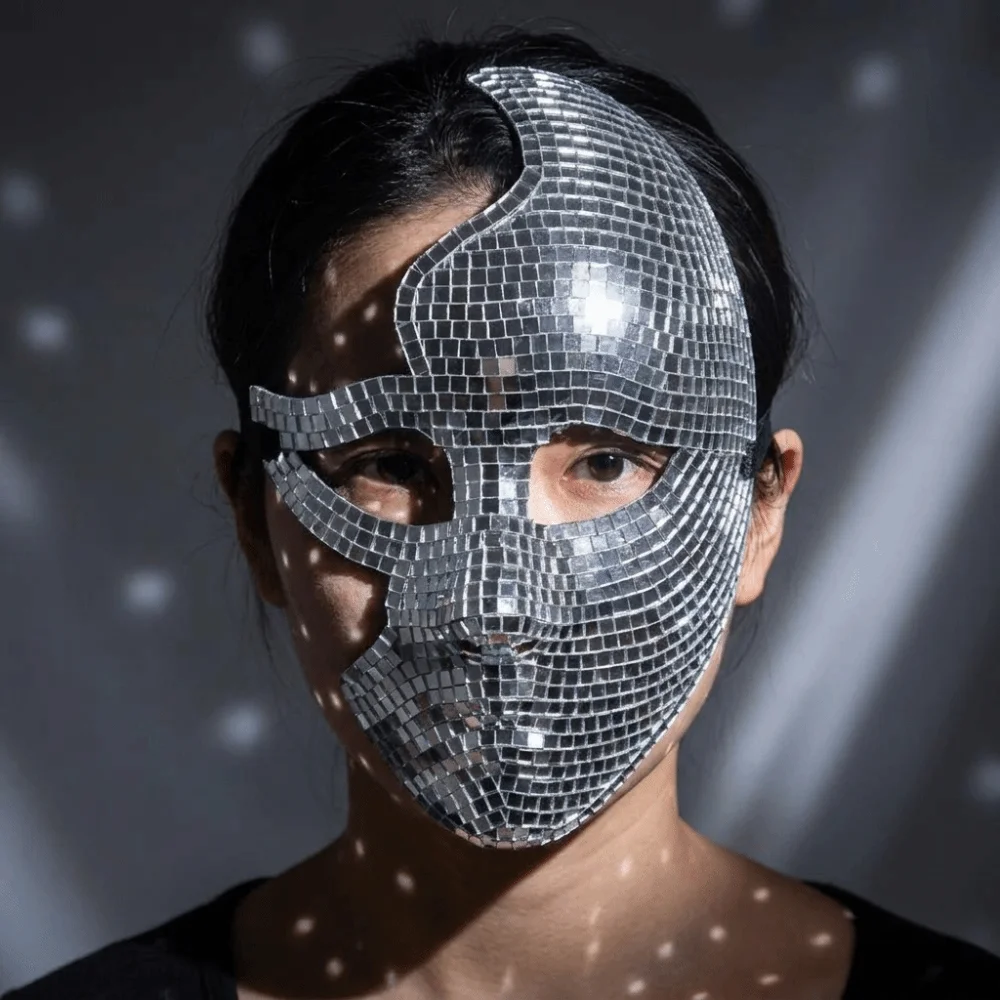 Glitter Material Disco Ball Mirror Mask Mirror Surface Metallic Masquerade Mask Steampunk Style Sparkling Costume Mask