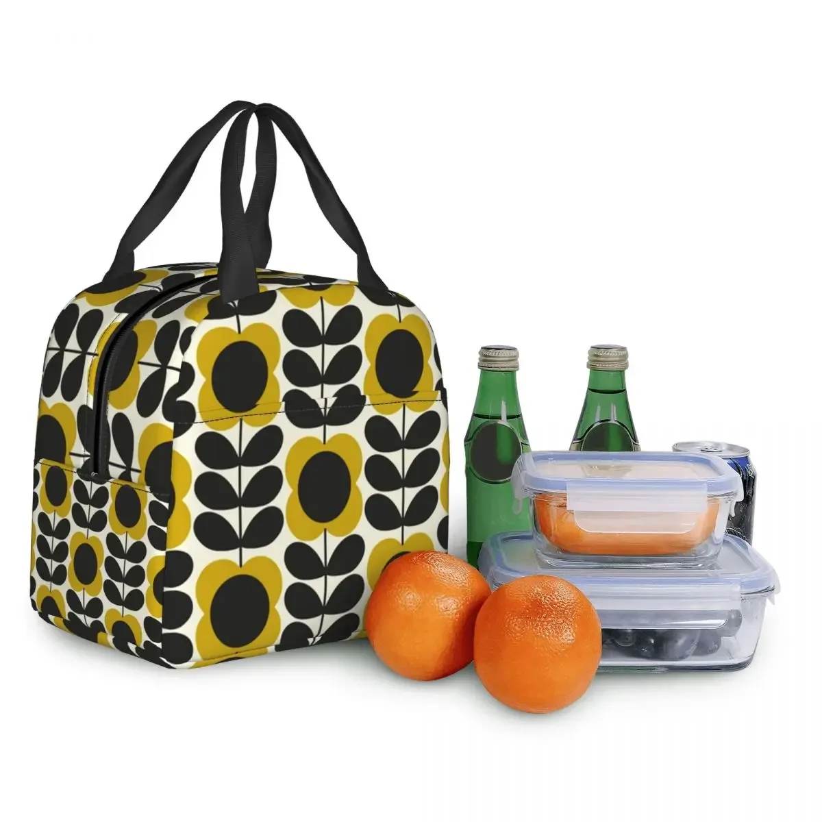 Sac fourre-tout isotherme à tige de fleur d'été pour femme, boîte à lunch isotherme réutilisable géométrique scandinave, boîte à lunch thermique pour aliments