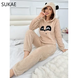 SUKAE Woman Hooded Cute Panda Thermal Pajamas Set Winter Thick Sleepwear Leisure Hoody Pijama Casual Girl Fluffy Teddy Homesuit