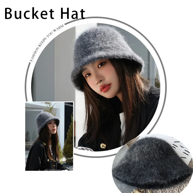 

Winter Angola Rabbit Fur Mixed With Wool Bucket Hat For Women Warm Soft Earproof Born Beauty Street Fashion Thickness Panama Hat