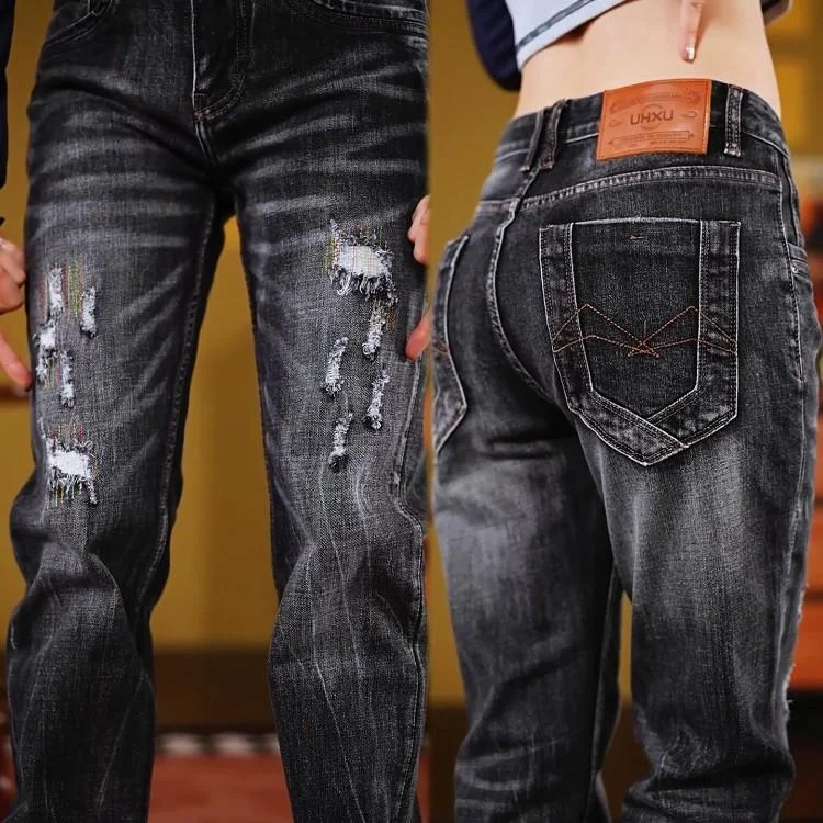 

Men's Fashionable Straight Leg Jeans with Ear Patch Hole Punch Elastic Retro Slimming Versatile Cotton Denim Casual Pants