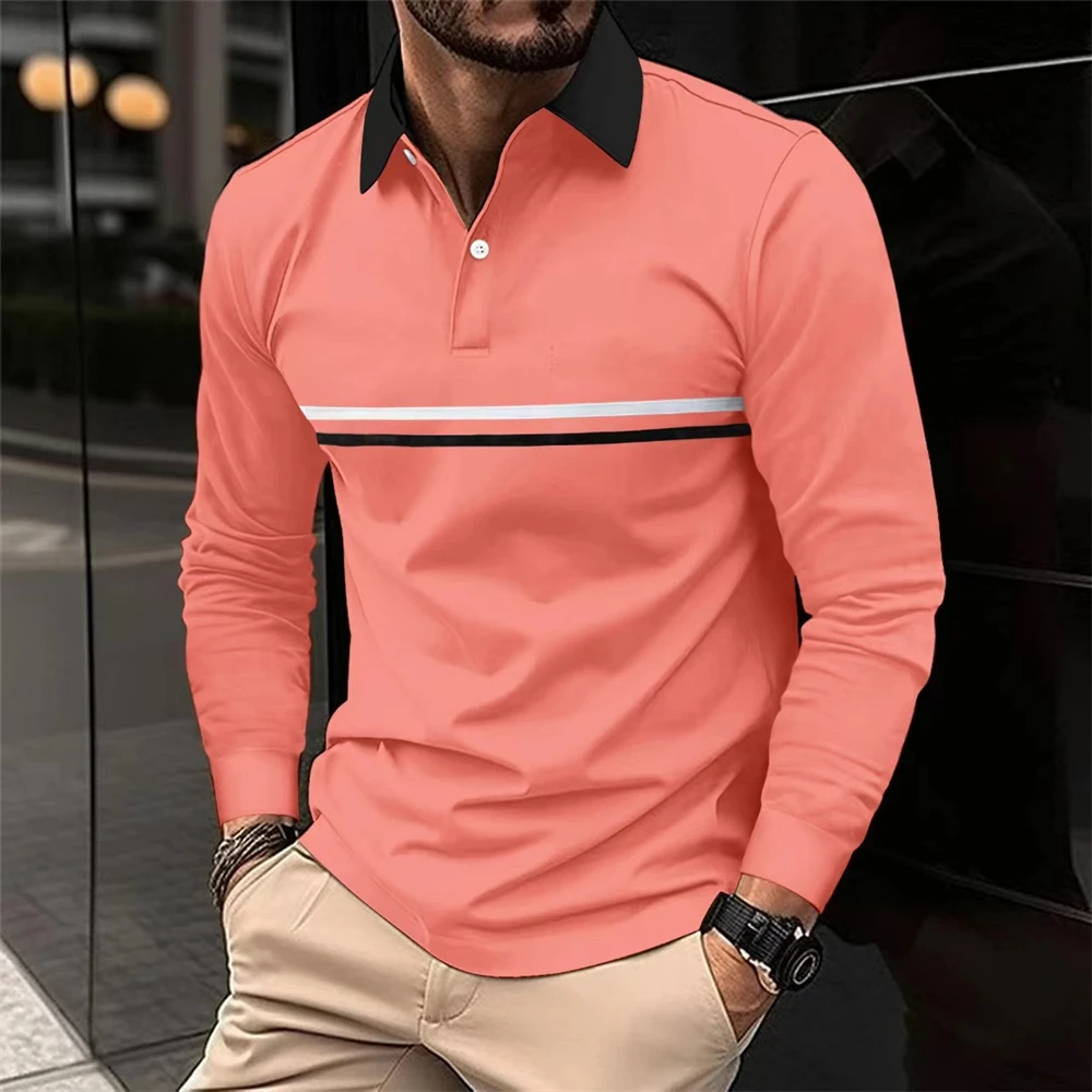 2024 Men New Stripe Long Sleeve Polo Shirt Men Casual Simple Style Polo Shirts Spring Fall Stand Basic Blouse Tees Mens Clothing