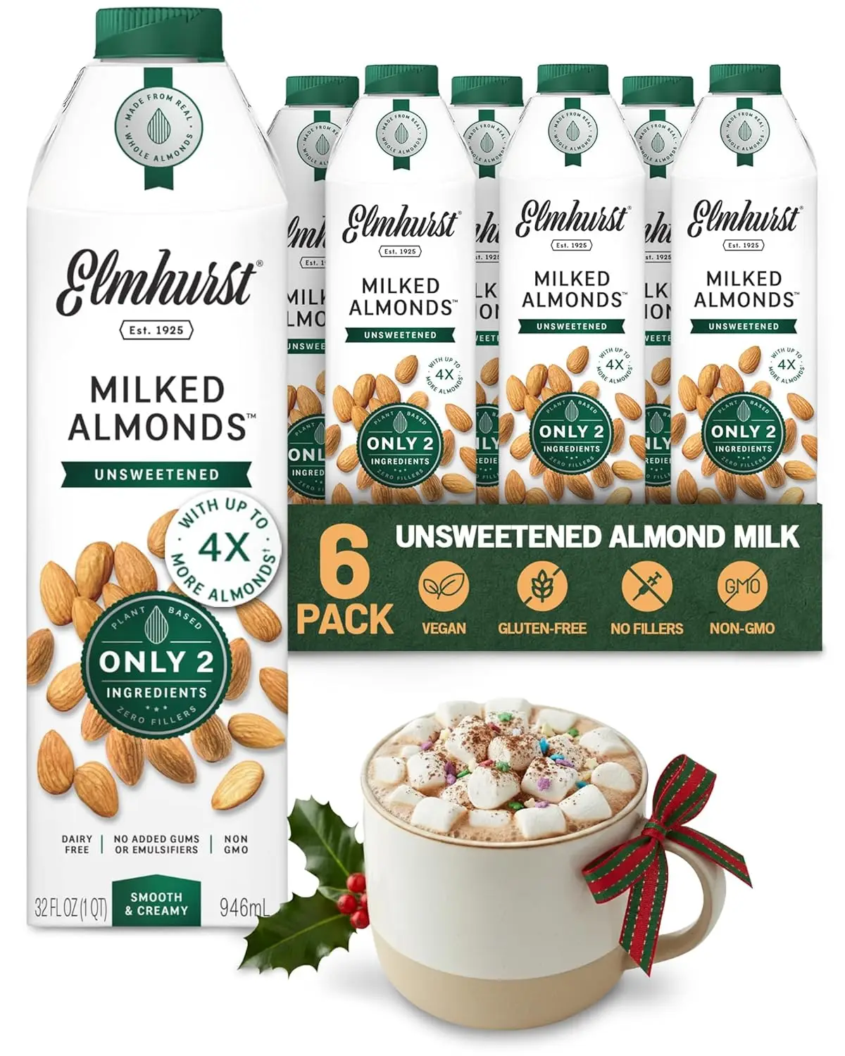 

Unsweetened Almond Milk, 32oz Pack of 6 - Dairy-Free, Vegan, No Added Sugar, Shelf Stable Plant-Based Alternative