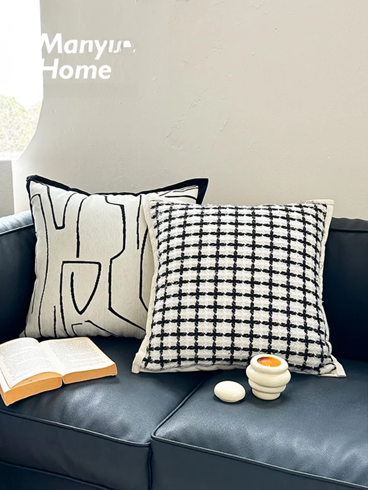 Small Fragrance Style Black White Plaid Pillowcase Living Room Backrest Cushion Cover without Core French Style Home Decor