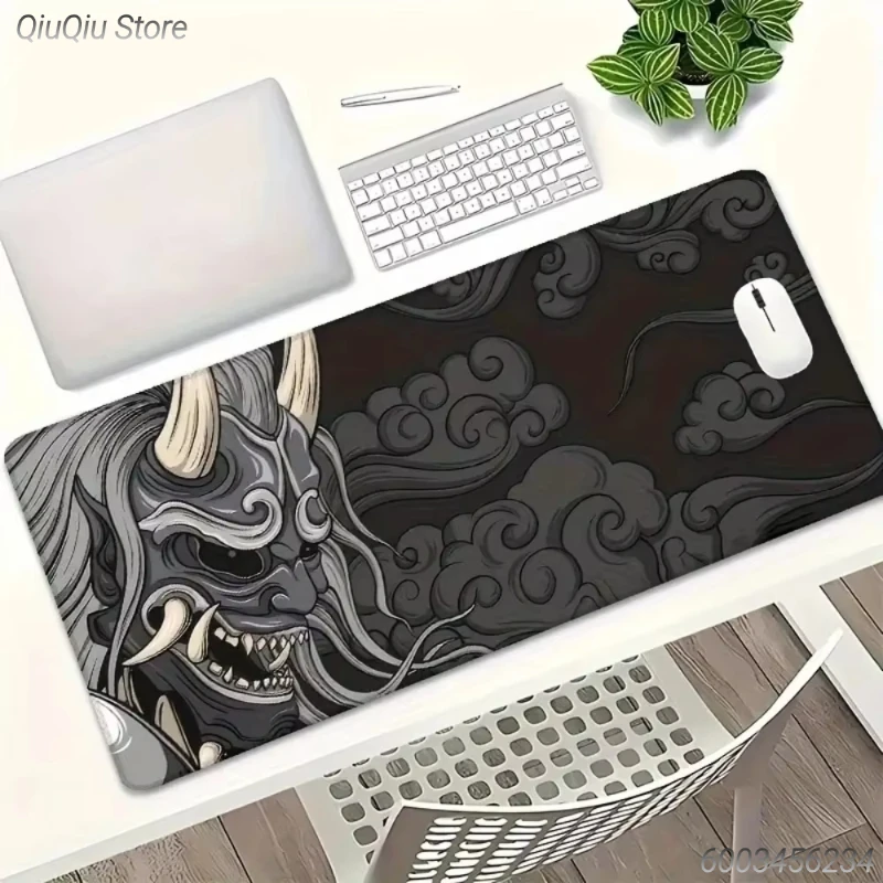 Black Japanese Oni Mask Extended Mouse Pad Cloud Print Large Non‑Slip Waterproof Desk Mat Gaming Keyboard Mousepad for Office