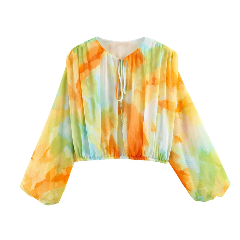 Summer Women's Casual Printed Shirts Top 2026 New Fashion Round Neck Long Sleeved Loose Blouses Short Shirt