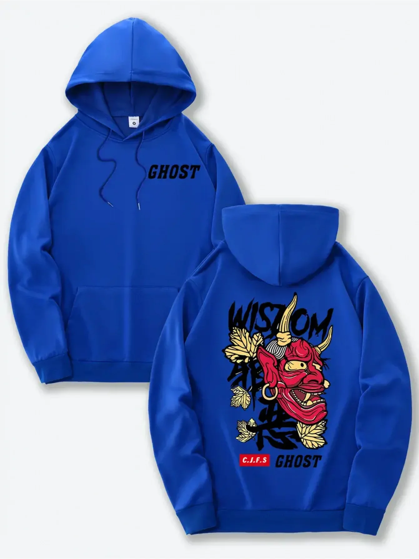 Japanese Hannya Oni Mask Graphic Hoodie Ghost Letter Front Back Dual Print Pullover Sweatshirt Loose Fit Unisex Autumn Winter