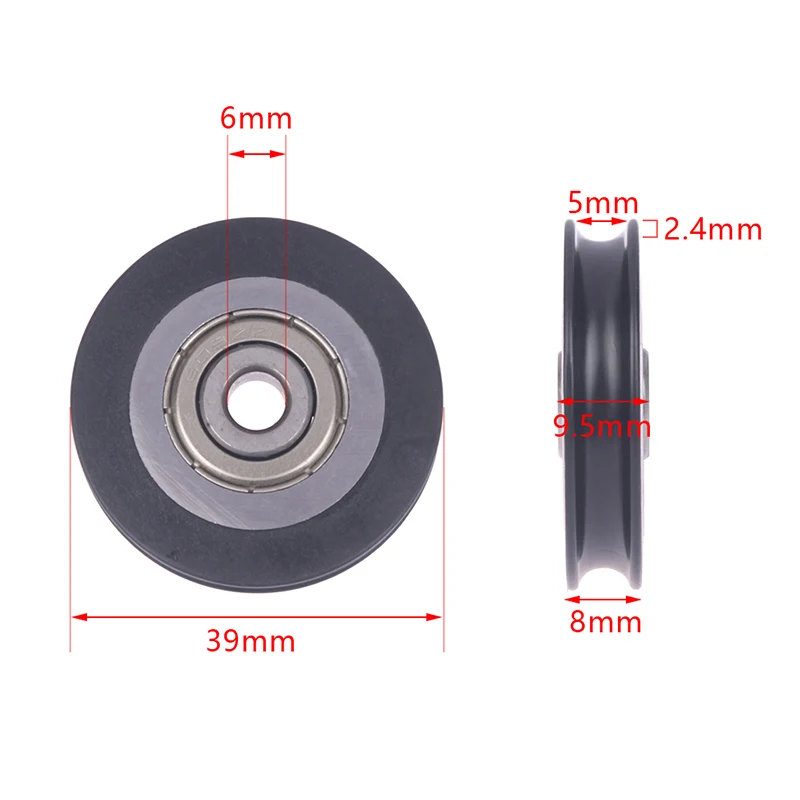 6*39*8mm Shift Door Pulley Concave Wheel U Groove Wire Rope Over Line Wheel, Rubber Wrapped Plastic Nylon Bearing Roller