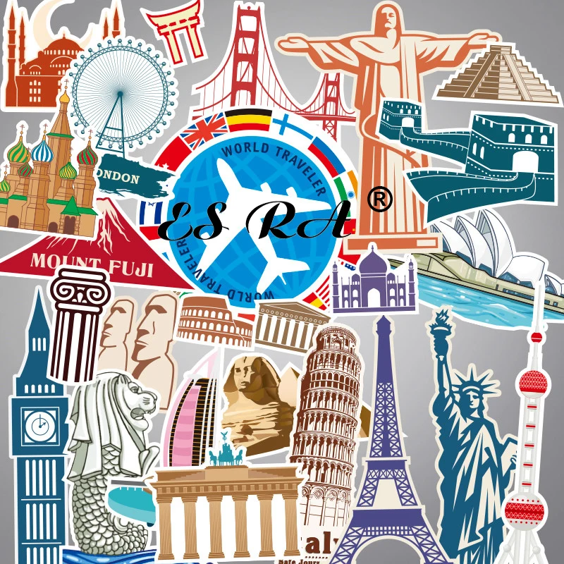 25 Pcs Luggage Stickers Sets European and American City Landmark Suitcase Sticker Retro Architecture Waterproof Sticker