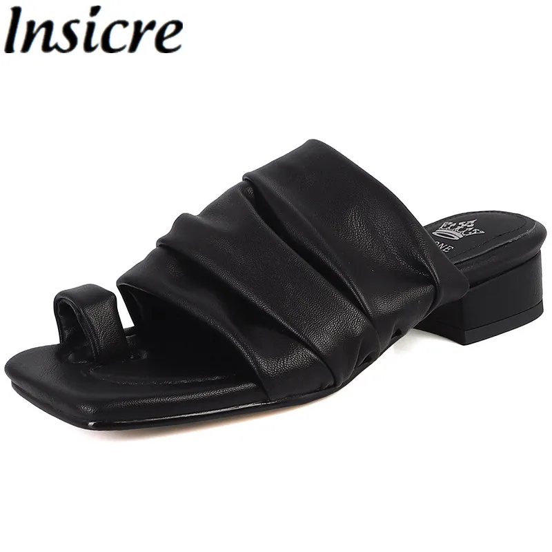 

Insicre 2023 Fashion Women Slippers Sheepskin Square Toe Thick Low Heels Flip Flops Handmade Summer Casual Shoes