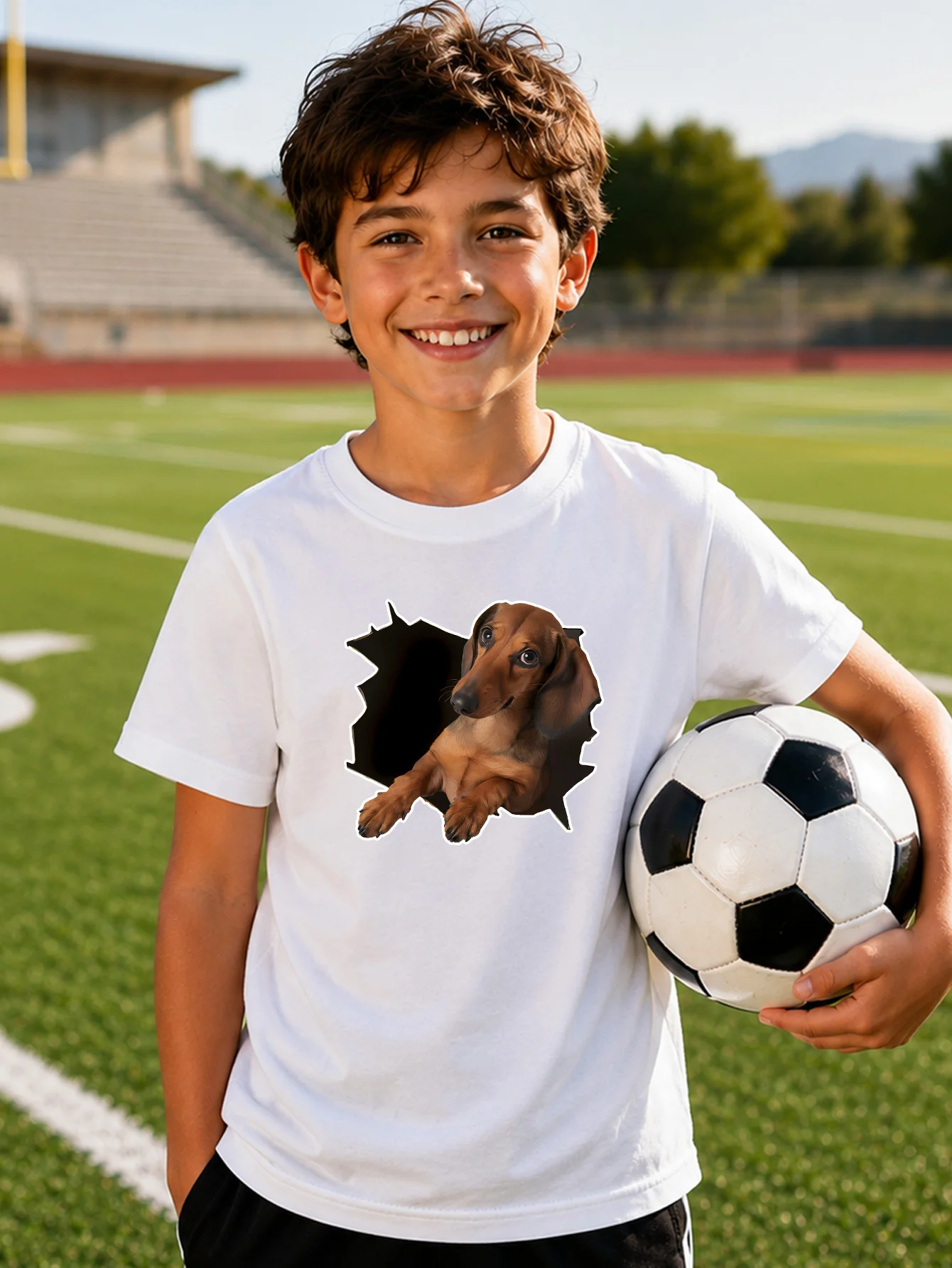 Lovely Torn Effect Dachshund Dog Print Boys Girls Family Matching Cotton Short Sleeve Crew Neck Soft Summer Kids Casual Tees