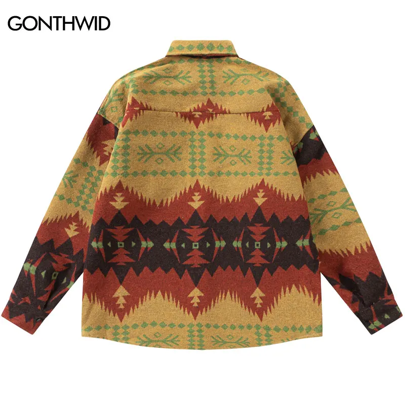 Harajuku Thick Shirts Coats Y2K Retro Abstract Geometric Pattern Long Sleeve Shirt Streetwear 2023 Hip Hop Fashion Button Shirt