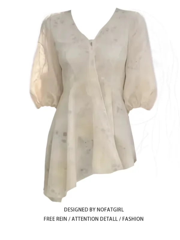 

Женская рубашка больших размеров в корейском стиле, свободная, асимметричная, с кружевом, весенне-летний топ, стройнящий фигуру, для полных девушек, в повседневном стиле