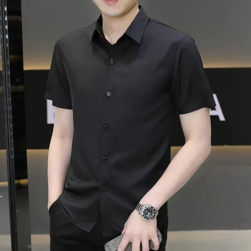 White Ice Silk Men's Shirt Summer Business Casual Short Sleeve Anti-Wrinkle Smooth Polyester Fiber Comfortable Breathable