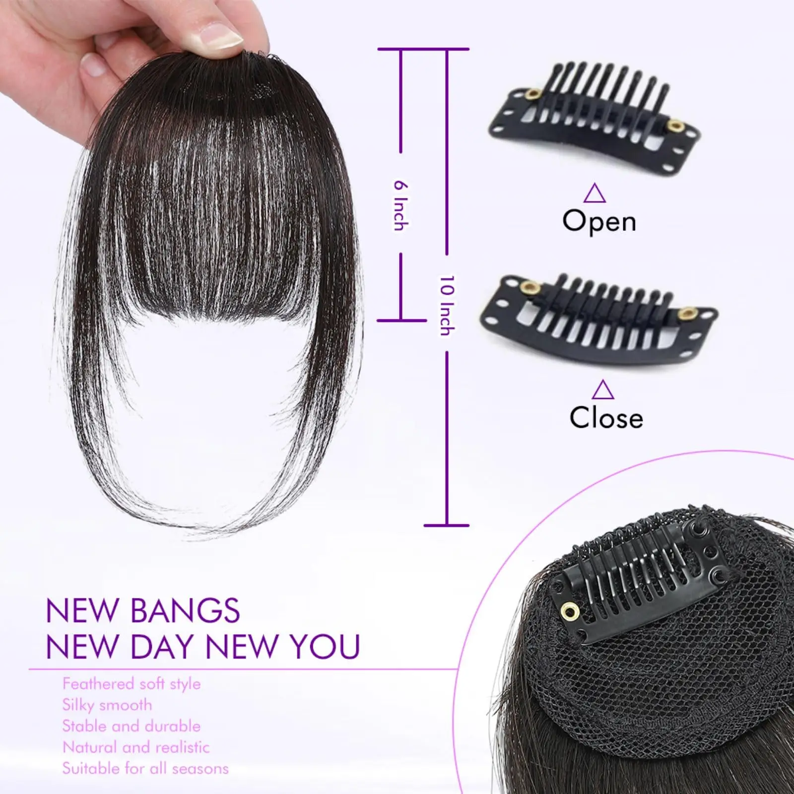 100% Human Hair Clip-In French Bangs with Long Side Pieces Natural Air Fringe Hairpiece for Women Real Hair Air Bangs