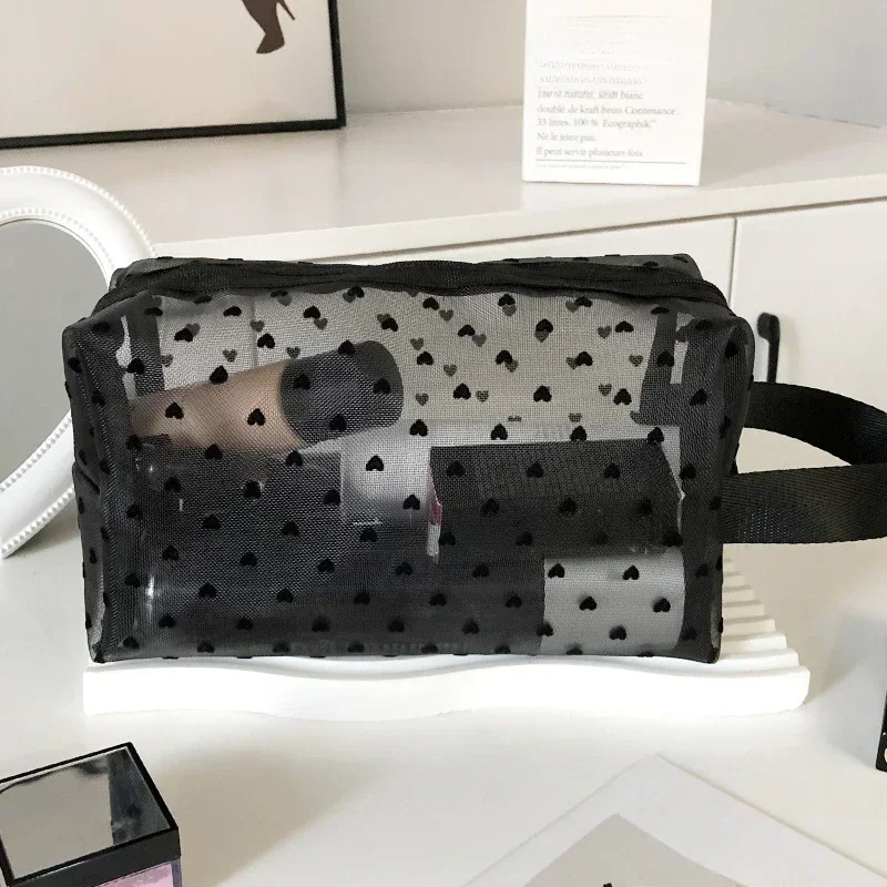 Heart Shaped Transparent Mesh Makeup Bag Women Cosmetic Toiletry Storage Bag Ladies Lipstick Key Coin Organizer Bags Purse Pouch