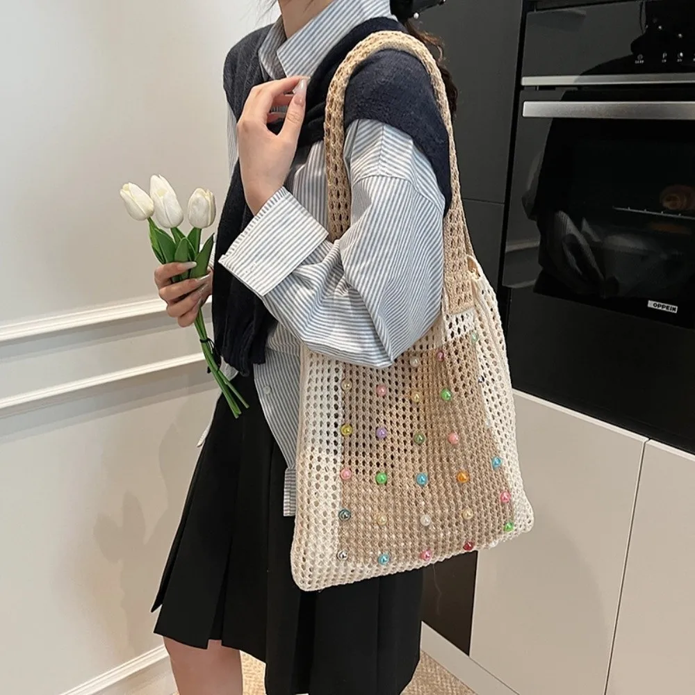

Colorful Knitting Shoulder Bag Large Capacity Korean Style Bohemian Crochet Tote Bag Hollow Out Versatile Casual Woven Handbag
