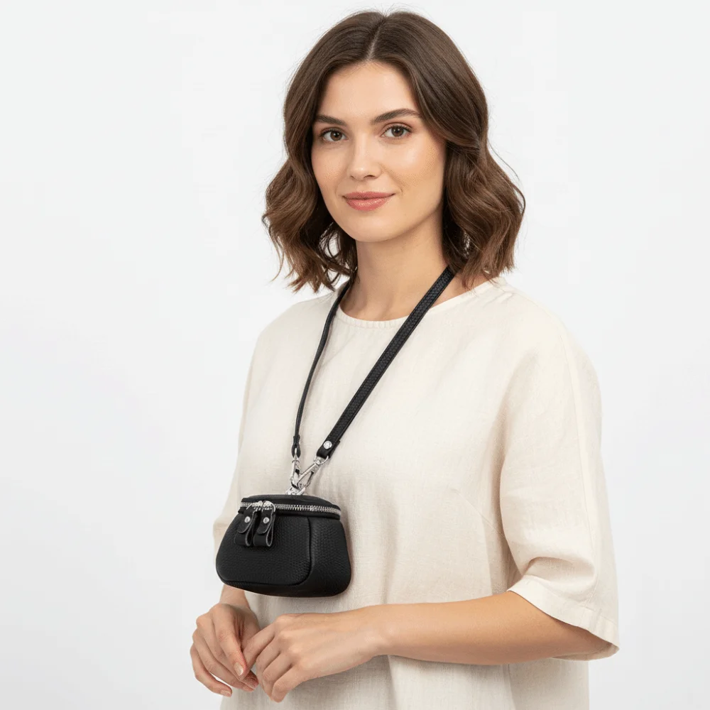 Solid Color Hanging Neck Coin Purse Lipstick Earphone Pouch Makeup Storage Lanyard Wallet Genuine Leather Purse Mini Storage Bag