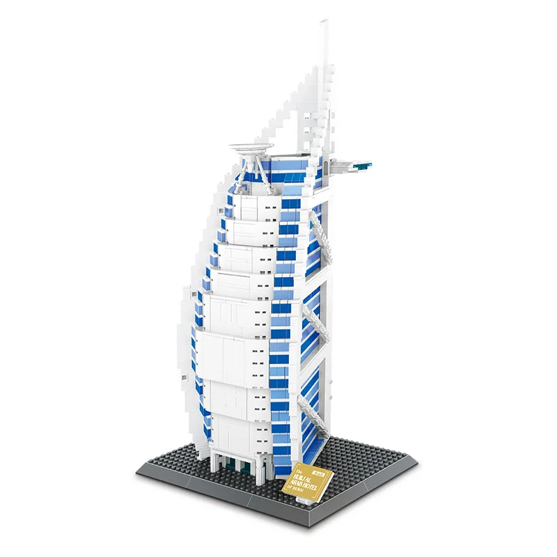 Wange kleine deeltjes in elkaar grijpende bouwsteen - Burj Al Arab Jumeirah in Dubai, VAE - een roman kinderspeelgoedfestivalcadeau