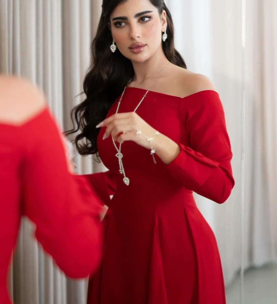 Robe de Soirée Longue en Crêpe Personnalisée avec Manches pour Femme, Sirène, Rouge, Plissée, Longueur au Sol, Bal