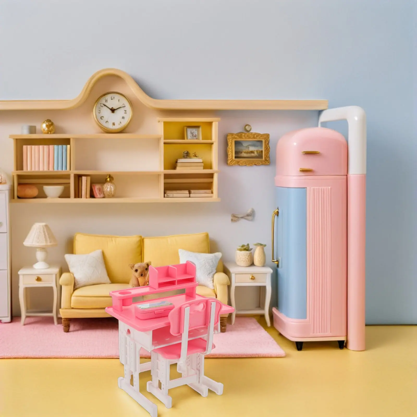 1Set Realistic Miniature School Desk and Chair Set for Dollhouse Classroom Decor Mini Study Furniture with Pencil Case