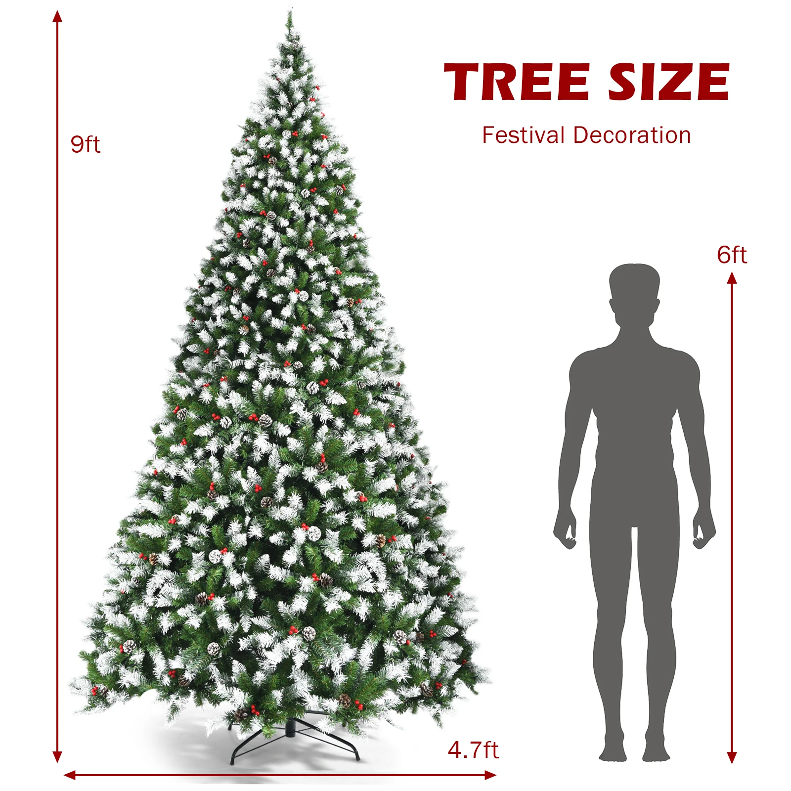 9 ft Pre-lit Snowy Christmas Tree 8 Lighting Modes 2058 Tips w/ Red Berries