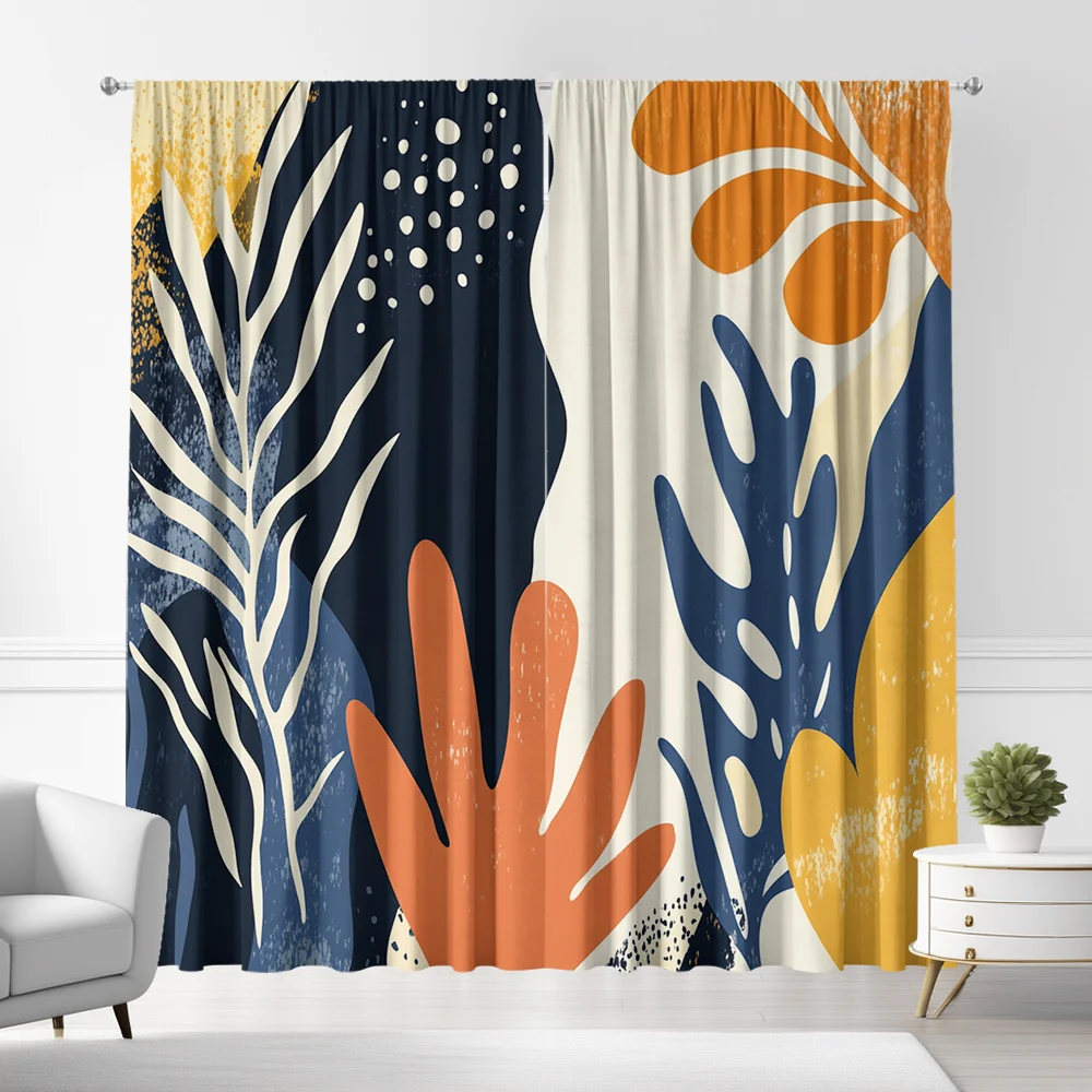 Bold Abstract Botanical Leaf Curtains Set of 2 Rod Pocket Light Filtering Drapes for Kitchen, Cafe, Living Room